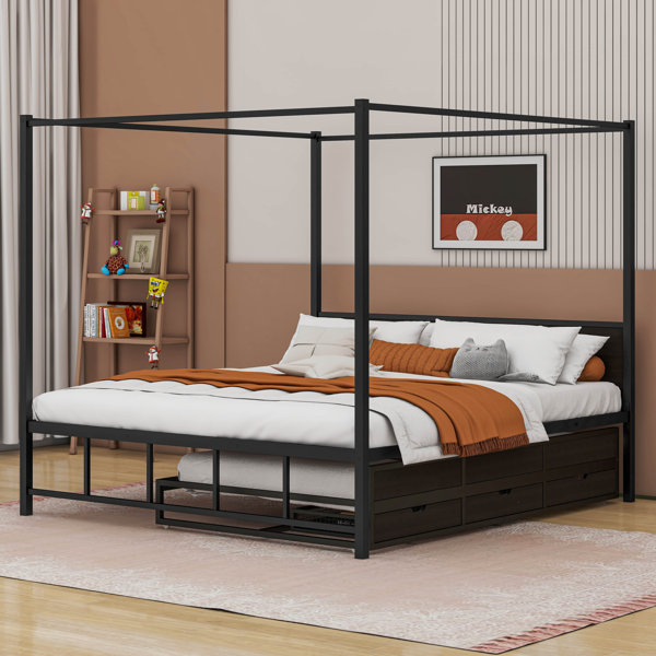 Cosmic Metal Queen Canopy Storage Bed with Twin Size Trundle and 3